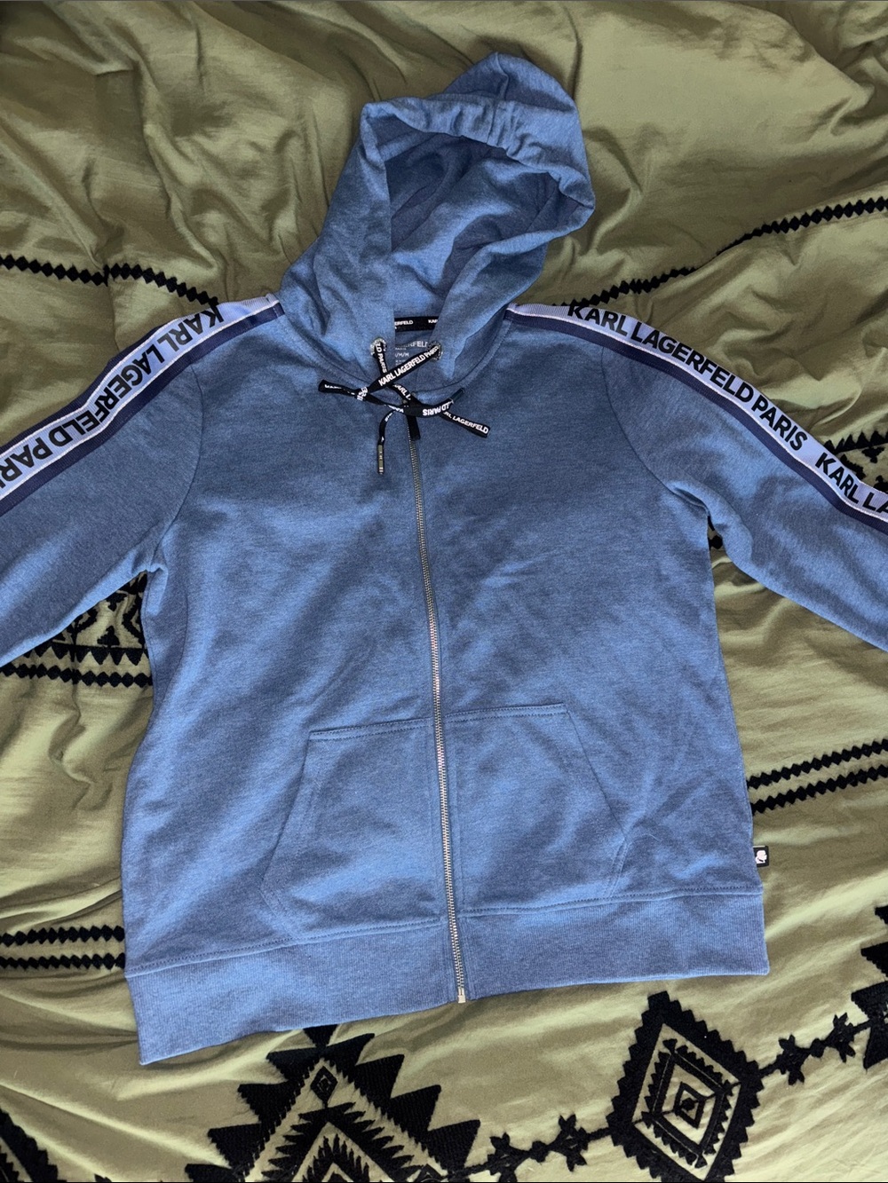 Karl Lagerfeld Light Blue Full-Zip Hooded Sweatshirt with Logo Tape